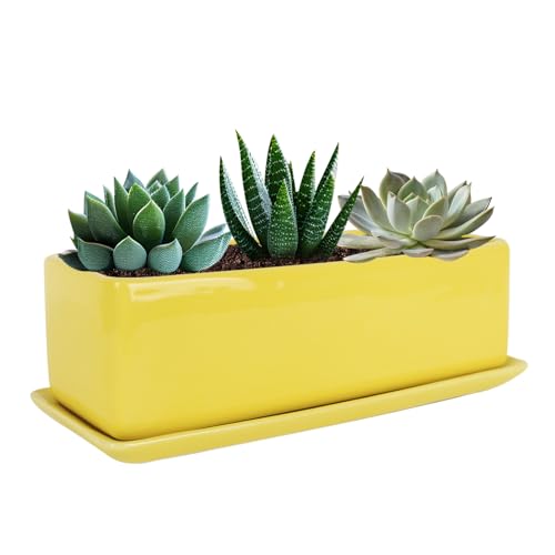 Vencer 14 Inch Rectangular Modern Minimalist Ceramic Succulent Planter Pot - Window Box with Saucer,Office Desktop Potted Stand,Yellow,VF-0173Y | Modern Minimalist, Window Box with Saucer, Office Desktop Potted Stand, VF-0173Y - color: Yellow, size: 14 In