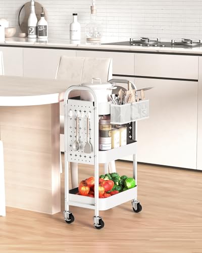 ALVOROG 3 Tier Rolling Cart with DIY Pegboards Metal Utility Cart with Wheels Handles Baskets Hooks, Storage Cart for Office Kitchen Bathroom(White) - color: White