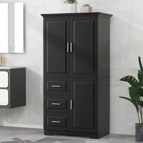 Tall Wooden Floor Cabinet with Adjustable Shelves, Freestanding Storage Organizer Unit with 3 Doors and 3 Drawers, 32.6''W×62.2''H Multifunctional Cabinet for Bathroom Study Dining Living Room, Black - color: Black, size: 19.6"D x 32.6"W x 62.2"H