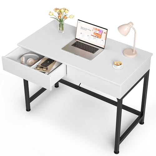Mexin Small White Desk with 2 Wooden Drawers, 40 Inch Home Office Writing Desk, White Vanity Desk with Storage, Computer Desk for Bedroom Small Spaces, Table for Office, Work, Kids Study, Makeup - color: White