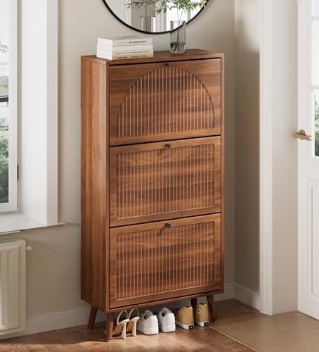 Fsbecl Shoe Storage Cabinet for Entryway with 3 Flip Drawers, Narrow Shoe Organizer with Fluted Panel, Freestanding Wood Hidden Shoe Cabinet for Hallway (Walnut, 23.6''W, Double Layer) - color: Walnut, 23.6''w, size: 3 Flip Drawers