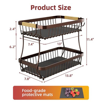 Sevenblue 2-Tier Fruit Basket with Banana Hangers, Detachable Metal Bowl | Wooden handle, protective mats included. Versatile holder for bread, snacks, and veggies. Large 2 tier metal design. - color: Brown, size: 2 Tier