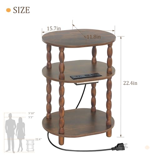 MaxSmeo Side Table with Charging Station, 3-Tier Small End Table with USB Ports and Outlets, Modern Oval Night Stand Accent Table for Living Room, Bedroom, Rustic Brown - color: Rustic Brown Charging Station