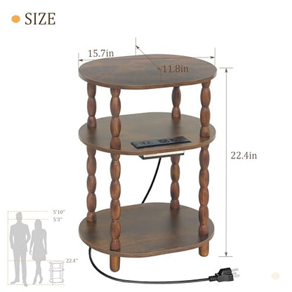 MaxSmeo Side Table with Charging Station, 3-Tier Small End Table with USB Ports and Outlets, Modern Oval Night Stand Accent Table for Living Room, Bedroom, Rustic Brown - color: Rustic Brown Charging Station