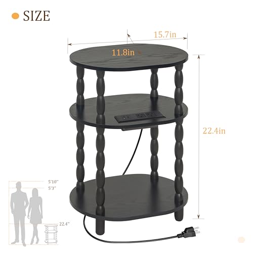 MaxSmeo Black Side Table with Charging Station, 3-Tier Small Oval End Table with USB Ports and Outlet, Modern Night Stand Wood Accent Table for Living Room, Bedroom, Black - color: Black Charging Station