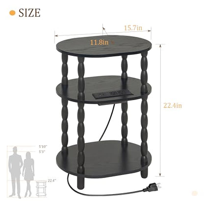 MaxSmeo Black Side Table with Charging Station, 3-Tier Small Oval End Table with USB Ports and Outlet, Modern Night Stand Wood Accent Table for Living Room, Bedroom, Black - color: Black Charging Station