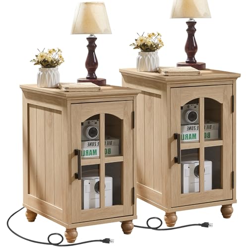 Narrow Side Table Set of 2, Farmhouse Nightstand with Charging Station | End Tables with Glass Barn Door, Cabinet Organizer with Adjustable Shelf, Night Stand for Small Spaces Living Room Bedroom - color: Natural Wood, size: Set 2