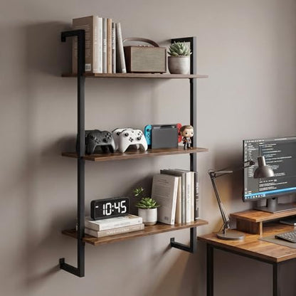 Giantex 3-Tier Wall-Mounted Bookshelf, Industrial Floating Storage Display Shelves with Metal Frame, Wood Open Ladder Bookcase for Living Room, Home Office, Kitchen, Rustic Brown + Black - color: Rustic Brown + Black