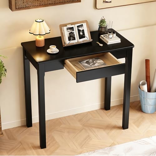 Solid Wooden Desk with Drawers - 32 x 16 Inch Narrow Desks for Small Spaces, Rubberwood Simple Study Table, Small Writing Desk for Bedroom - Modern Black Desks - color: Black, size: 31.5 in W x 15.7 in D