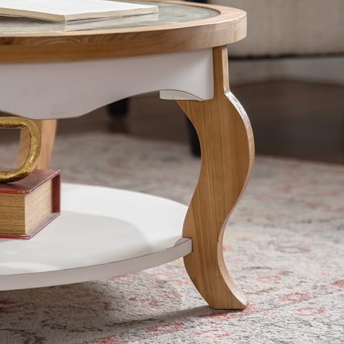 31.5'' Round Coffee Table for Living Room, Modern Countryside Farmhouse Rustic Wood Coffee Table, Curved Legs & Removable Tempered Glass Top, Natural & Wood - color: Ø31.5''-natural & White