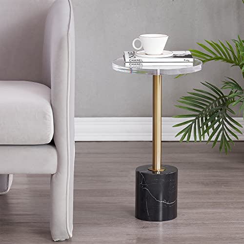 Small Clear Acrylic End Table, Marble Base Gold Leg Modern Nightstand | Acrylic Side Table with Marble Base & Gold Support Post, Accent Furniture for Drinks Snacks, Bedroom Living Room Office - color: Black