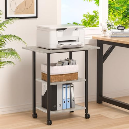 Lerliuo 3-Tier Printer Stand, Industrial Mobile Printer Table with Storage Shelf and Steel Frame, Rolling Printer Cart Holder with Lockable Wheels for Home, Office (Oak) | Oak Mobile Printer Cart Holder for Home Office, Lockable Wheels, Open Storage Shelf