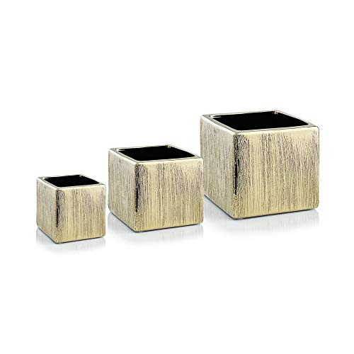 WGV Ceramic Cube Vase Width 4" Height 4" (Fits 3" Pot) Elegant Modern Block Square Floral Planter Terrarium Container Table Dresser for Event Accent Home Office Decor Gold Textured 1 Piece