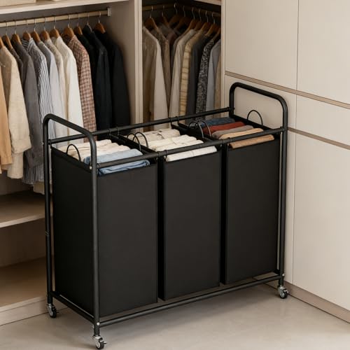 LINZINAR 3 Section Laundry Hamper, Black Laundry Basket 135L Laundry Sorter | Laundry Room Organization with Heavy Duty Rolling Lockable Wheels and Removable Bag, Bedroom Laundry Cart for Clothes Storage - size: 3 Bags Black