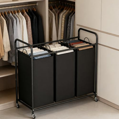 LINZINAR 3 Section Laundry Hamper, Black Laundry Basket 135L Laundry Sorter | Laundry Room Organization with Heavy Duty Rolling Lockable Wheels and Removable Bag, Bedroom Laundry Cart for Clothes Storage - size: 3 Bags Black