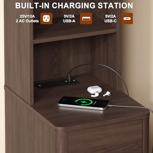 Tall Nightstand Set of 2 w/Charging Station, Narrow Nightstand w/Bookshelf | 47" Modern Side Table with 2 Drawers, Adjustable 4 Open Shelves, Wooden End Table Bedside Table for Bedroom (Brown) - color: Brown, size: Tall (2 drawer)