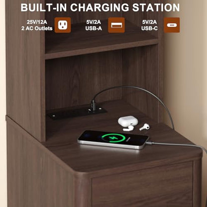 Tall Nightstand Set of 2 w/Charging Station, Narrow Nightstand w/Bookshelf | 47" Modern Side Table with 2 Drawers, Adjustable 4 Open Shelves, Wooden End Table Bedside Table for Bedroom (Brown) - color: Brown, size: Tall (2 drawer)