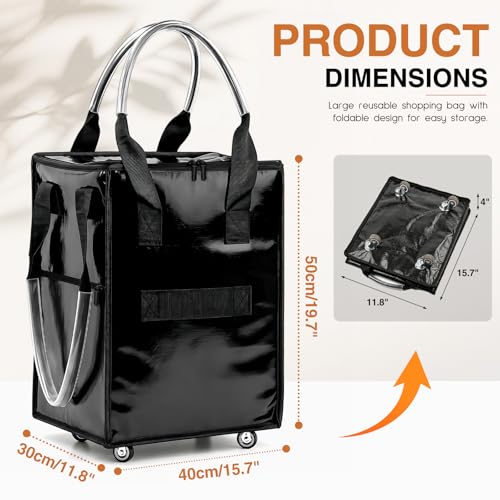 Large Reusable Grocery Bag on Wheels, Foldable Rolling Tote Bag with Handle and Zipper for Market Laundry Travel - color: Black