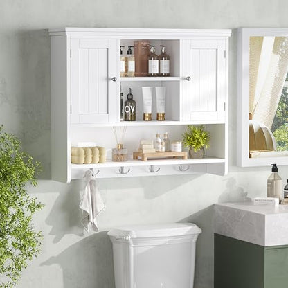 Bathroom Wall Cabinet with Doors and Hooks, 3-Tier Wall Mounted Cabinet | Modern Medicine Cabinet with 3 Open Shelves, Over the Toilet Storage Cabinet for Kitchen, Laundry Room, Living Room, White - color: White