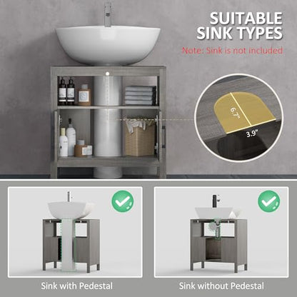 kleankin Pedestal Sink Storage Cabinet with 2 Doors and Open Shelf, Gray | Bathroom Under Sink Cabinet, Bathroom Vanity - color: Grey