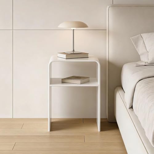 White Acrylic 2-Tier End Table – 23.6”H Modern Nightstand with Shelf, Sturdy Bedside Storage for Bedroom, Living Room, Home Office, No Assembly Required - size: white
