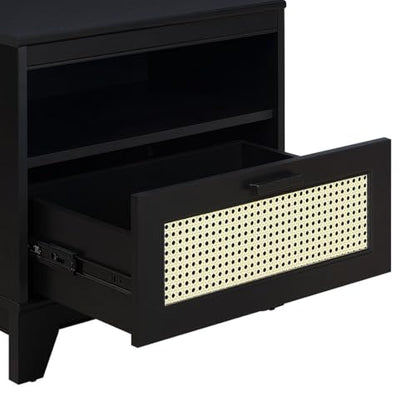 Manhattan Comfort Sheridan Cane Nightstand with Full-Extension Drawer and Open Shelf Cubby, Mid-Century Modern Bedside End Table, Boho Night Stand Accent Table for Bedroom or Living Room in Black - size: Set of 1