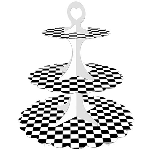 3-Tier Racing Theme Cupcake Stand,Cars Theme Decoration,Black White Checkered Design,Car Theme Dessert Stand for Race Car Birthday Party Decorations (1-Pack) - color: BlackWhite