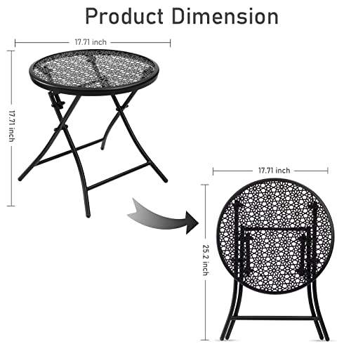 TeoKJ Folding Small Outdoor Side Tables, Anti Rust Small Patio Table Round Metal Nightstand with Flower Cutouts for Porch Yard Balcony Deck Lawn, Black - color: Black