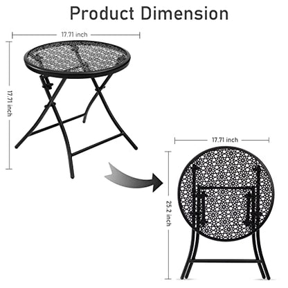 TeoKJ Folding Small Outdoor Side Tables, Anti Rust Small Patio Table Round Metal Nightstand with Flower Cutouts for Porch Yard Balcony Deck Lawn, Black - color: Black