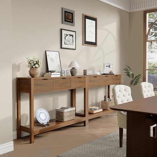 Nasonet Fluted Console Table, Wooden Sofa Table with Storage and Drawers, Farmhouse Behind Couch Table Entryway Table for Entrance, Hallway, Living Room, Brown - color: Brown, style: Modern