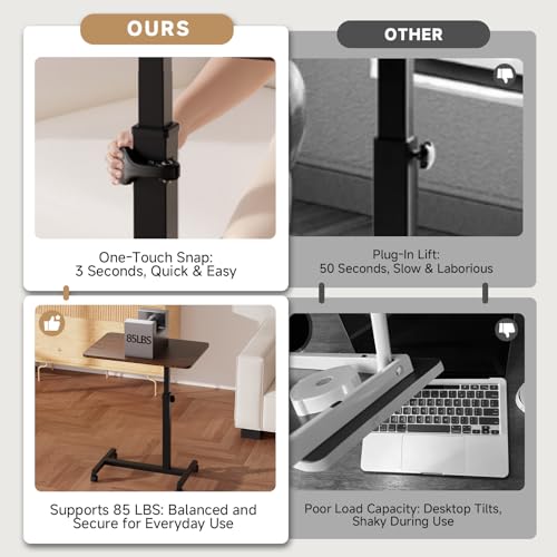 GTPLAYER Small Standing Desk, 24 Inches Foldable Mobile Rolling Laptop PC Table with Lockable Casters, Adjustable Height Overbed Bedside Table Computer Workstation for Home Office, Dark Brown-Foldable - color: Dark Brown-foldable