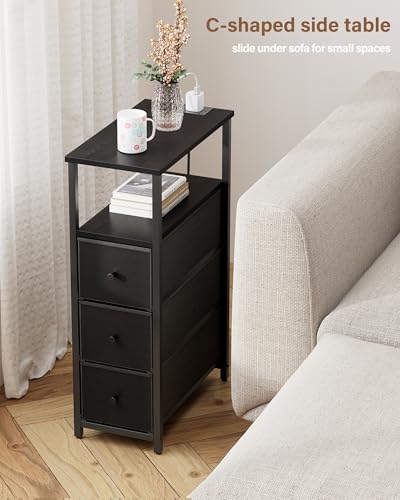 TUTOTAK Narrow Night Stand with Charging Station, Slim End Table | Tall Side Table with 3 Fabric Drawer, Small Bedside Table with Storage, Living Room, Bedroom, Black TB01BK086 - color: Black, size: 1 Pack (3 Drawers), style: With Plug
