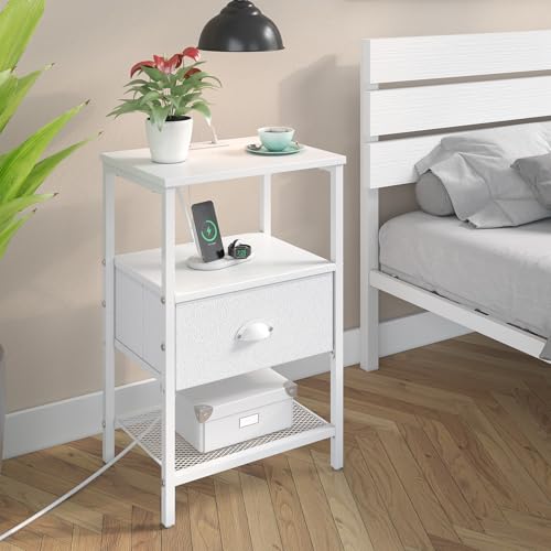 sthmec Nightstands Set of 2, Night Stands with Charging Station and Fabric Drawer PU Finish, Bedside Tables with Drawers, 2-Tier Side Table with Open Shelf, Nightstands with Charging Station,White - color: White, style: Power