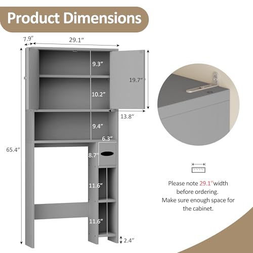 Farmhouse Storage Cabinet Over Toilet with Toilet Paper Holder Stand, Freestanding Bathroom Storage Organizer Cabinet, Grey - color: Grey