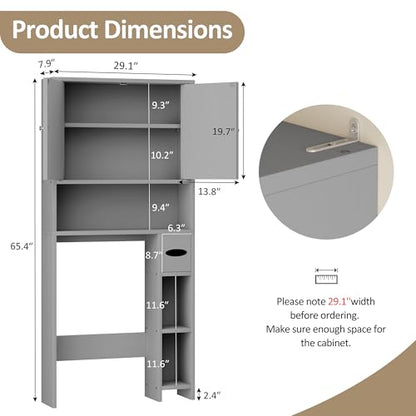 Farmhouse Storage Cabinet Over Toilet with Toilet Paper Holder Stand, Freestanding Bathroom Storage Organizer Cabinet, Grey - color: Grey
