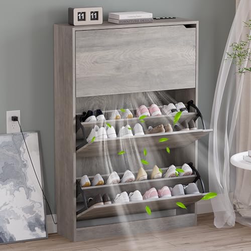 BORNOON Shoe Cabinet with Odor Control and Back Panels, Deodorizing Slim 3-Flip Shoe Storage Cabinet for Entryway, Freestanding Hidden Shoe Rack Organizer for Entrance, Hallway, Bedroom - color: Grey, size: 3 Drawers-Deodorizing
