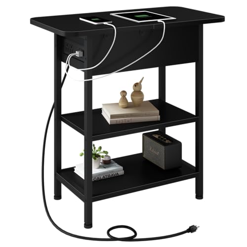End Table with Charging Station, Flip Top Side Table with Storage, Black | Equipped with USB Ports and Outlets, Nightstand for Small Spaces, Bedside Tables for Living Room, Bedroom - color: Black, size: Pack of 1