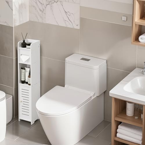 VECELO Storage Cabinet for Small Spaces,Skinny Toilet Paper Holder Stand with Anti-Drop Fence and Roller Storage, White - size: CV1