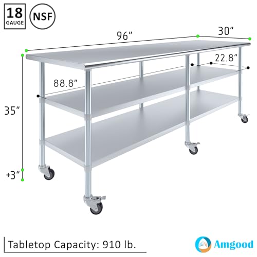 AmGood Stainless Steel Work Table with 2 Shelves and Casters | Metal Utility Table On Wheels (Stainless Steel, 96" Long x 30" Deep) - size: 96" Long x 30" Deep