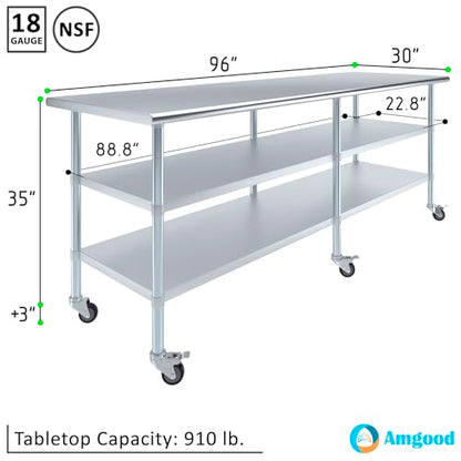 AmGood Stainless Steel Work Table with 2 Shelves and Casters | Metal Utility Table On Wheels (Stainless Steel, 96" Long x 30" Deep) - size: 96" Long x 30" Deep