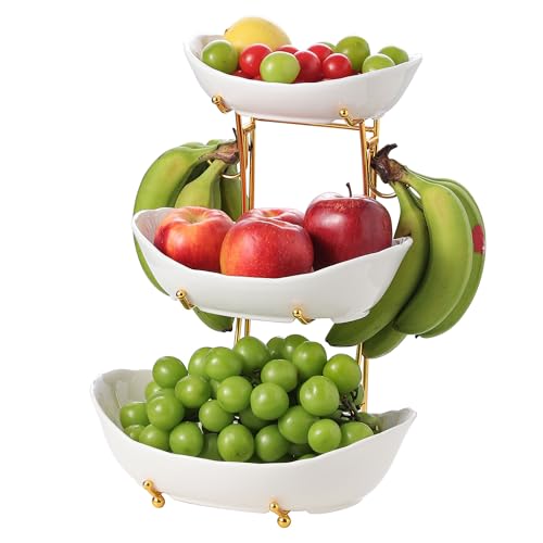 Elegant 3-Tier Ceramic Serving Bowl Set with Gold Stand, White Decorative Display Bowls for Fruits, Desserts, Appetizers