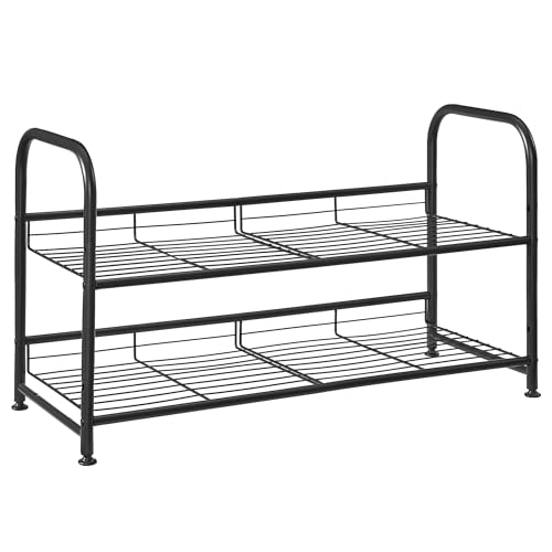 SONGMICS Shoe Rack, 2 Tier Shoe Organizer for Closet, Holds up to 8 Pairs of Shoes, Shoe Rack for Front Door Entrance, Metal Shoe Shelf with Adjustable Tilt Angle, for Entryway, Garage, Black - color: Black, size: 2 Tiers (27"W)