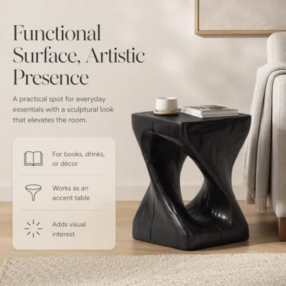 Twisted Solid Wood Accent Table, Hand-Carved Sculptural End Table, 12x12x16 inch Rustic Wooden Stool, Modern Geometric Side Table for Living Room Bedroom, Natural Wood Nightstand Plant Stand - color: Style A-black