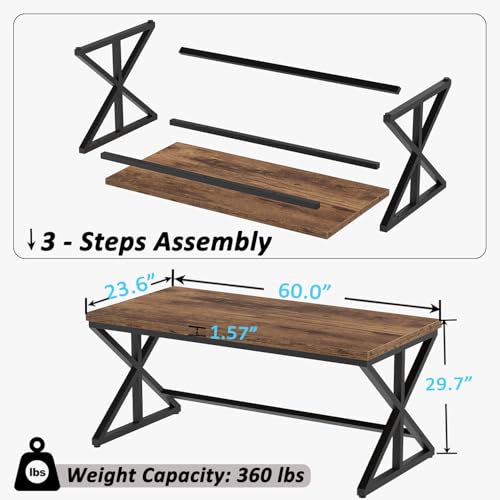 Industrial Computer Desk, Wooden Metal Office Desks Rustic Brown 60 in | Large Long Simple Gaming Executive Computer Desk Table, Wood Student Study Computer Table for Bedroom Living Room - color: Rustic Brown Oak, size: 60 Inch