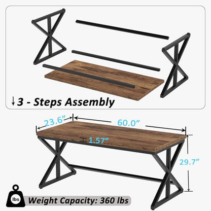 Industrial Computer Desk, Wooden Metal Office Desks Rustic Brown 60 in | Large Long Simple Gaming Executive Computer Desk Table, Wood Student Study Computer Table for Bedroom Living Room - color: Rustic Brown Oak, size: 60 Inch