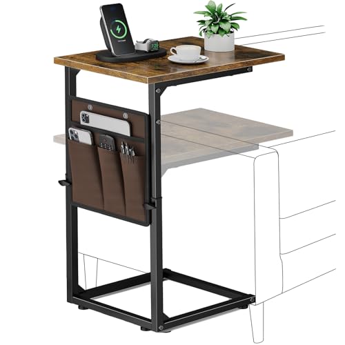 C-Shaped End Table, Small Side Table for Couch, Sofa Table Adjustable Height End Tables Living Room, Bedside Slide Under Couch Table for Sofa, TV Tray Table with Metal Frame for Bedroom,Brown - color: Rustic Brown, style: With Storage Pocket