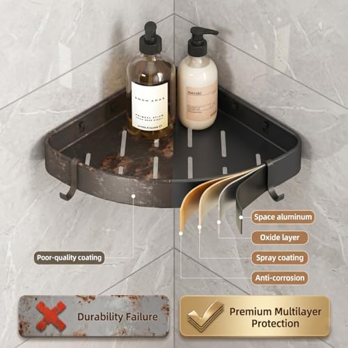 2 Pack Corner Shower Caddy Suction Cup, Space Aluminum No Drill Bathroom Organizer Shelves, Rustproof Triangle Corner Shower Shelf for Inside Shower, Damage-Free Removable Shampoo Holder