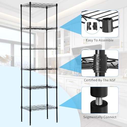 BLKMTY Tall Shelves, 6 Tier Wire Shelving, Narrow Storage Metal Shelf, Standing Shelf Units, Adjustable Garage Shelving, 12" D x 17" W x 64" H, 600lbs Capacity, Commercial Shelves, Black - color: Black, size: 6 Tire: 11.8" D x 16.7" W x 63.6" H