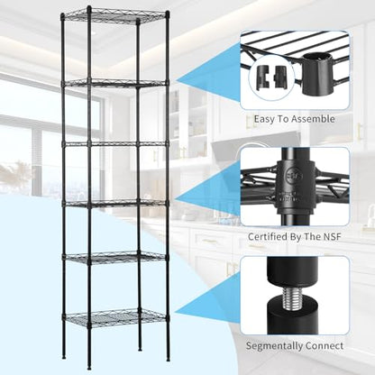 BLKMTY Tall Shelves, 6 Tier Wire Shelving, Narrow Storage Metal Shelf, Standing Shelf Units, Adjustable Garage Shelving, 12" D x 17" W x 64" H, 600lbs Capacity, Commercial Shelves, Black - color: Black, size: 6 Tire: 11.8" D x 16.7" W x 63.6" H