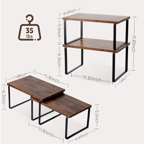2-Pack Expandable Stackable Cabinet Shelf, Metal and Wood, (Brown) - color: Brown